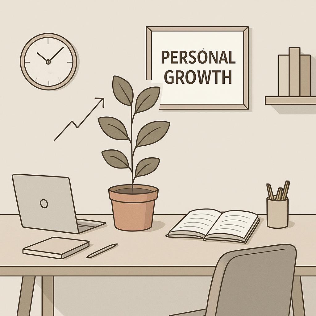 A beige desk in an office setting features a potted plant, an open book, a pen, and a laptop, with the caption "Personal g...