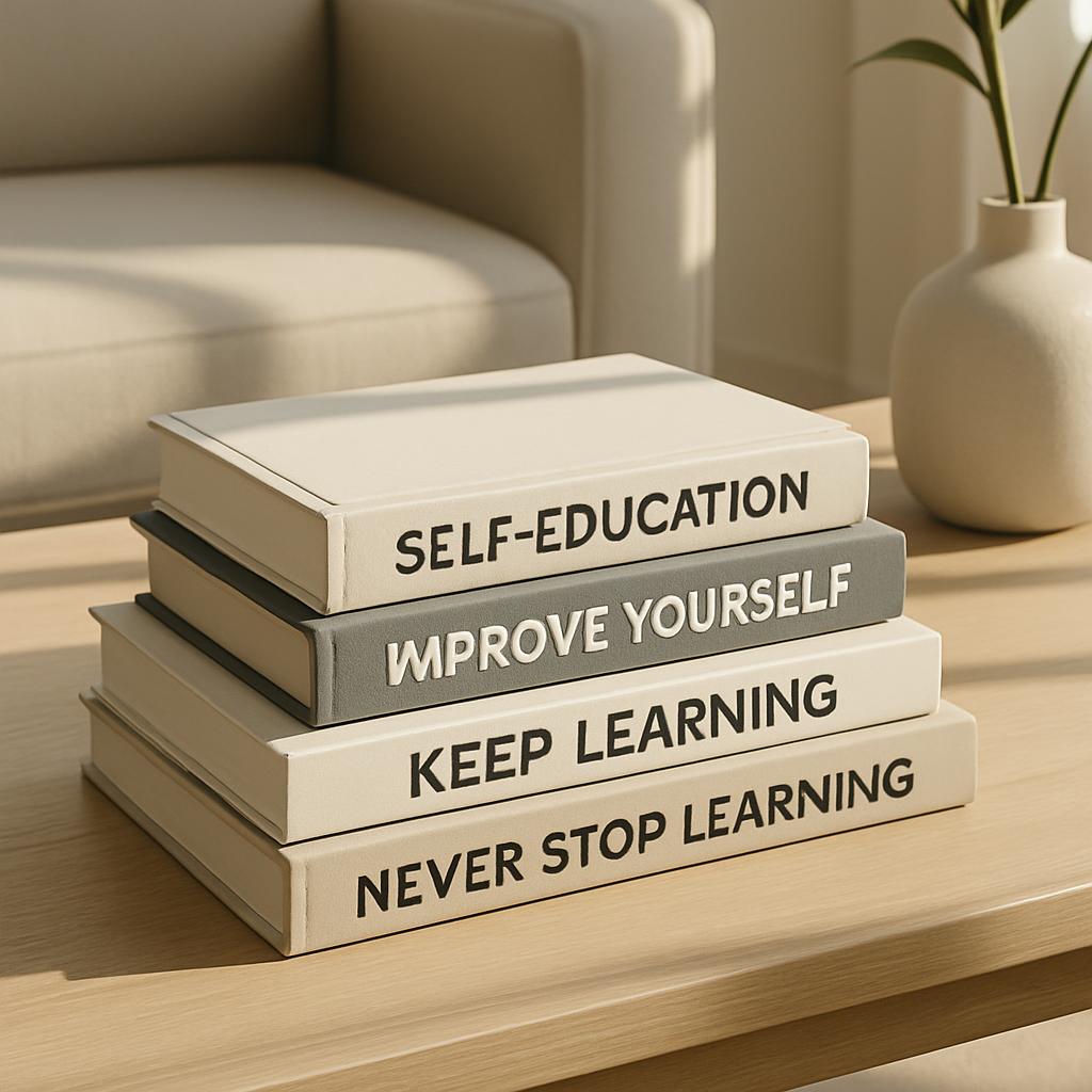 A stack of four books sits on a light-coloured wooden table in front of a cream-coloured sofa. The books have cream, light...