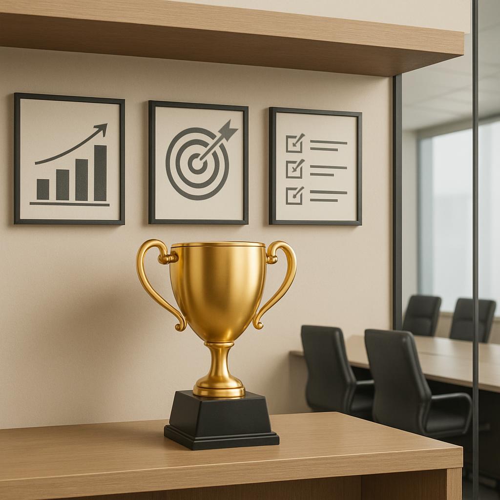An office scene with a gold trophy on a desk, opposite a conference room, with three framed pictures on the wall: a bar gr...