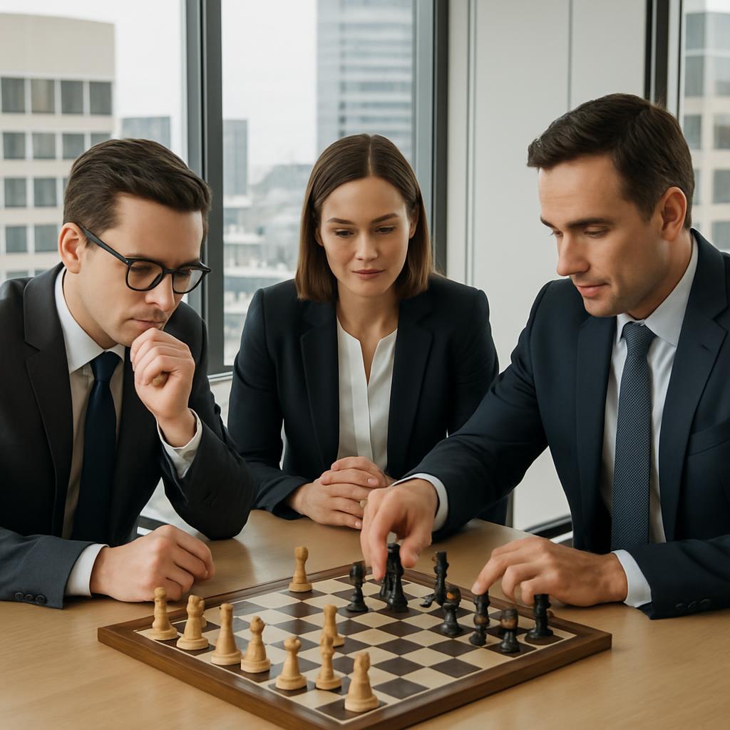 Three business professionals in a city office, in business attire, playing a game of chess.