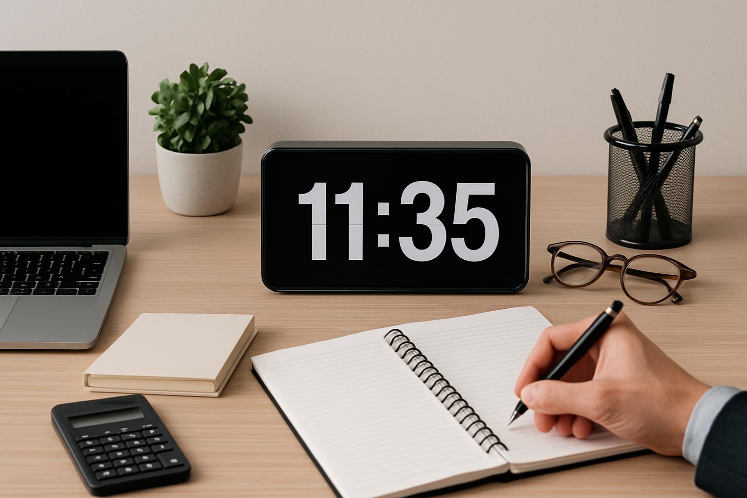 A desk with various office supplies featuring a digital clock displaying 11:35, skyline notebook with a hand writing with ...