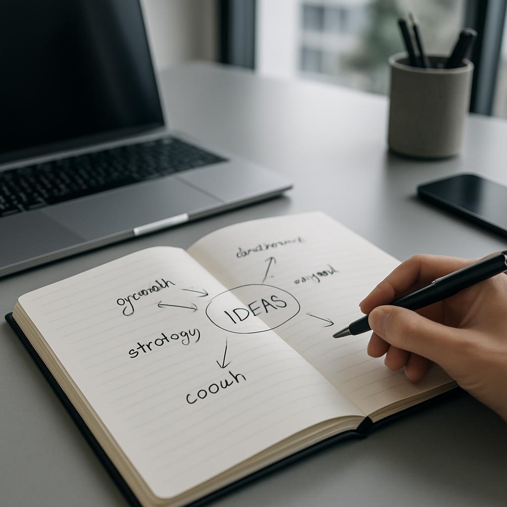 A hand holding a pen over an open notebook contains one page dedicated to lists of words, likely used for brainstorming a ...